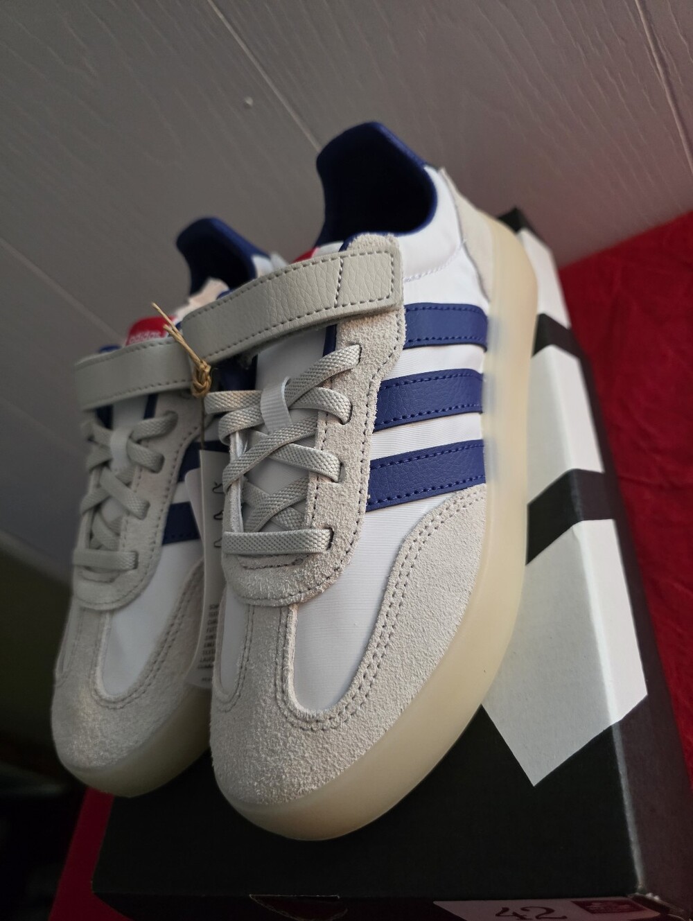 Kids Adidas Berrada Decode. White, Blue, Red Athletic Sneakers